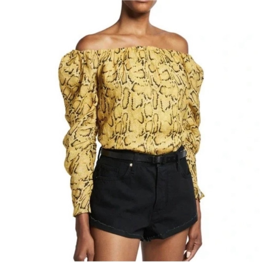 Frame Golden Yellow Snakeprint Off Shoulder Puff Sleeve Top